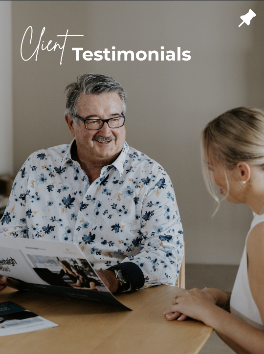 Client testimonials graphic with a client reading a firm brochure
