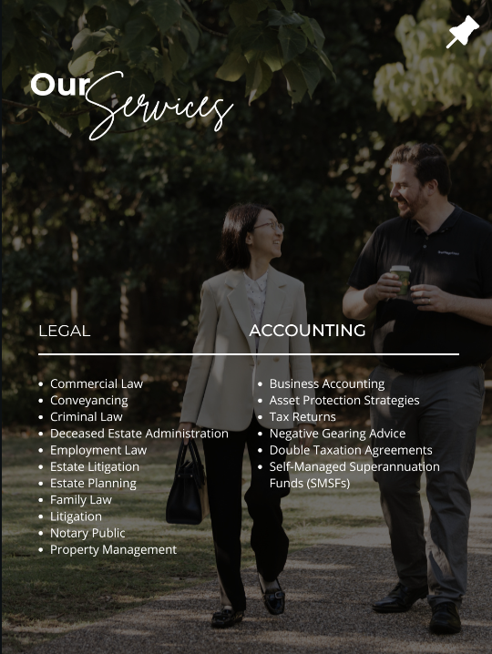 Law firm services graphic listing legal and accounting offerings
